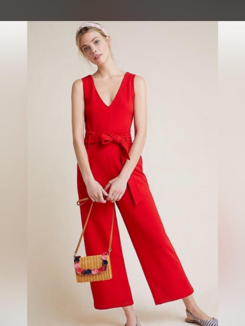 Anthropologie Sleeveless Red V-Neck Jumpsuit with Waist Tie